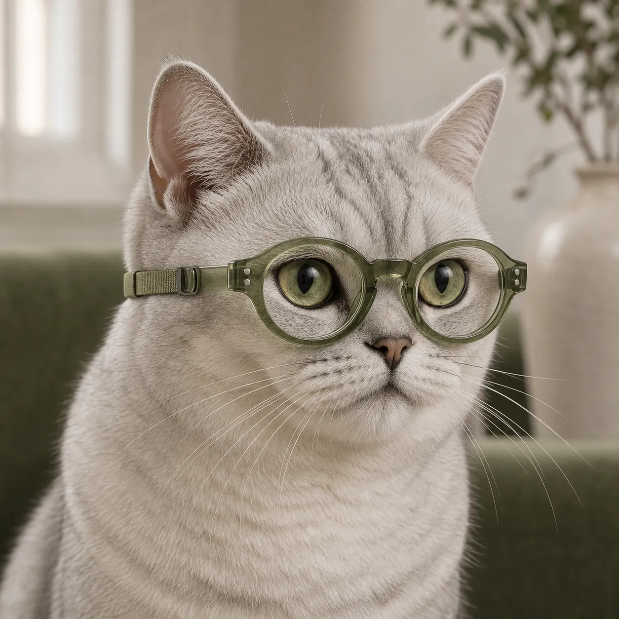 Silver British Shorthair wearing Olive Optic Catelier eyewear