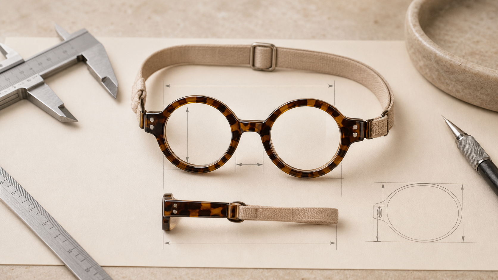 Early Catelier frame proportion study with miniature eyewear dimensions