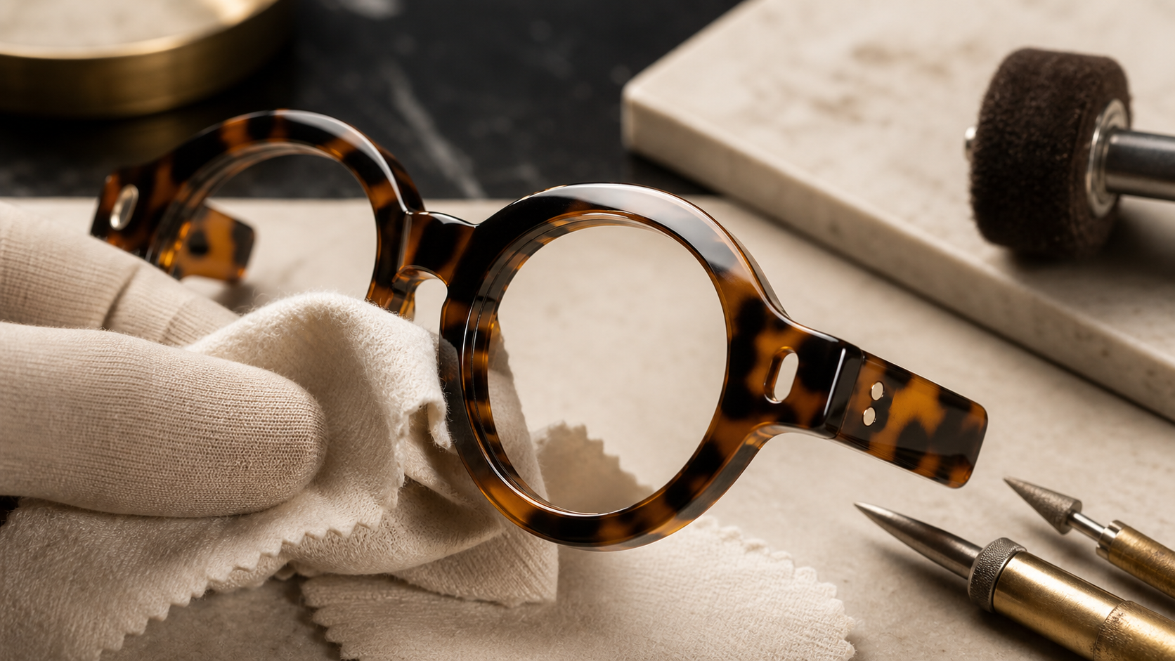 Close-up of polished Catelier frame edge concept with softened eyewear-style finishing